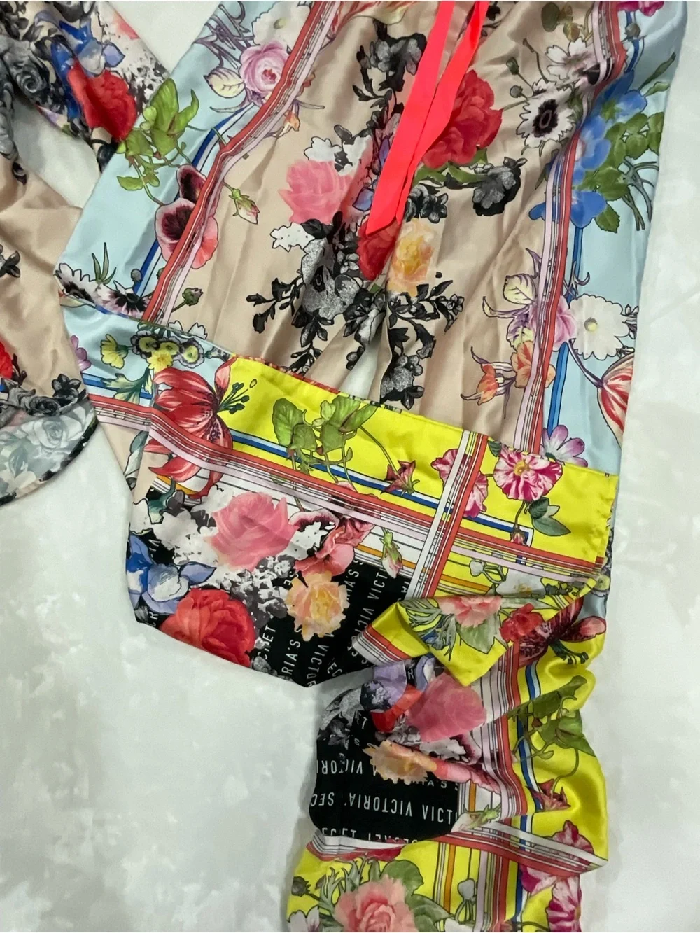 Rare Victoria's Secret Beige Floral Satin Top with Pink and Yellow Accents